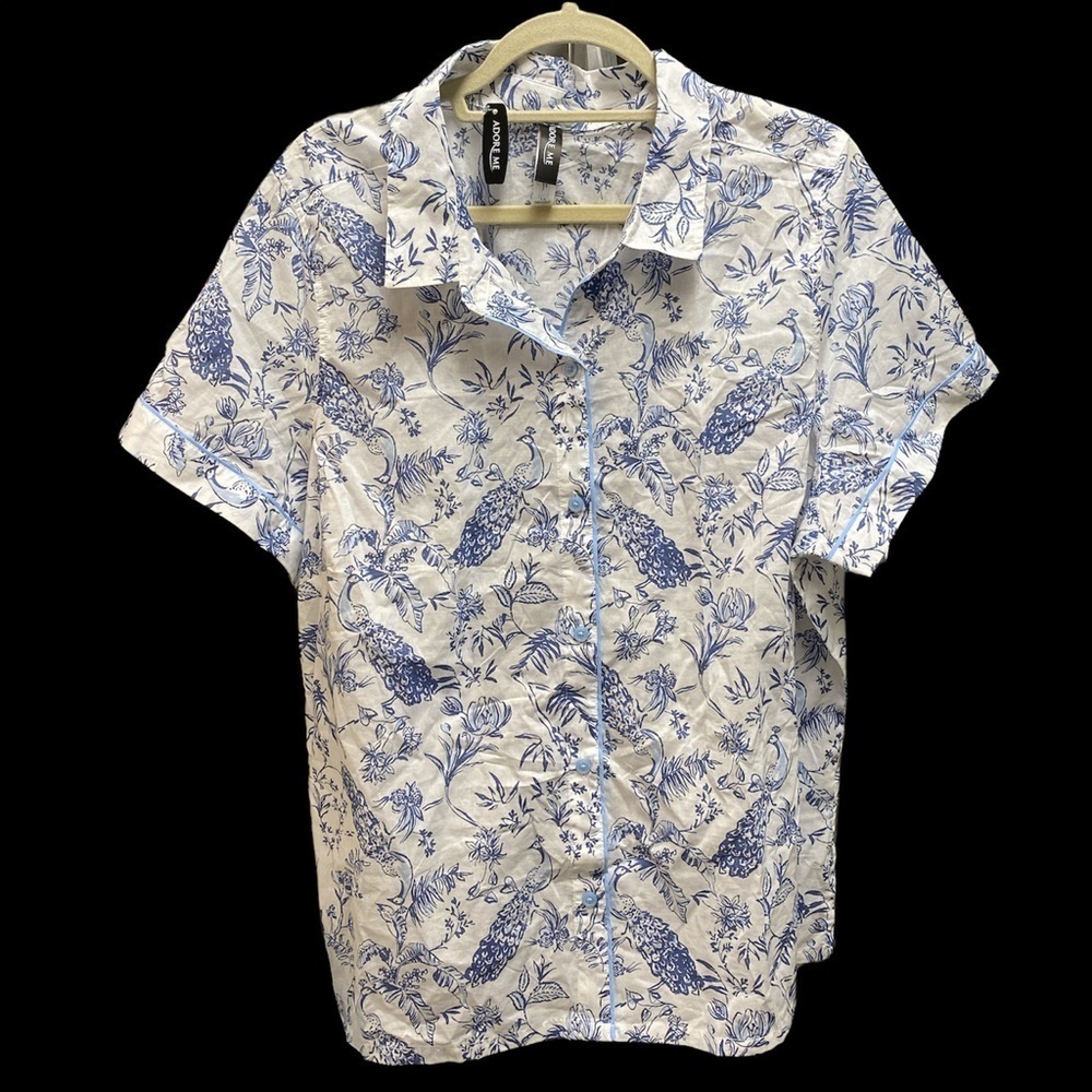 Adore Me blouse button down collared peacock print short sleeve size 1X NWT